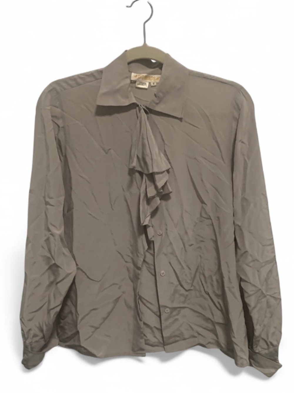 Y2K The Birds Gray Ruffled Front Silk Long Sleeve Blouse